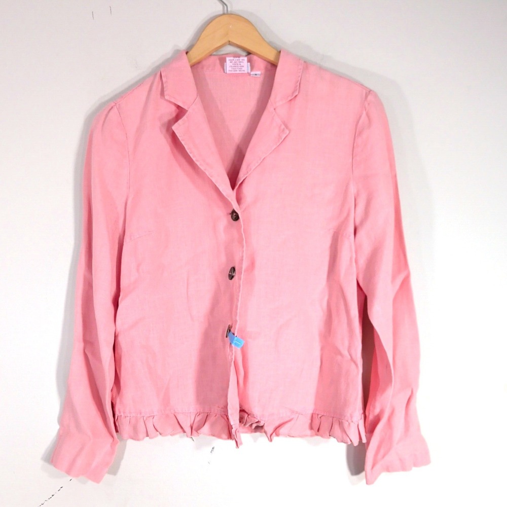 Hot Cotton Pink Button Up Shirt; Linen, Ruffle Hem, Long Sleeve